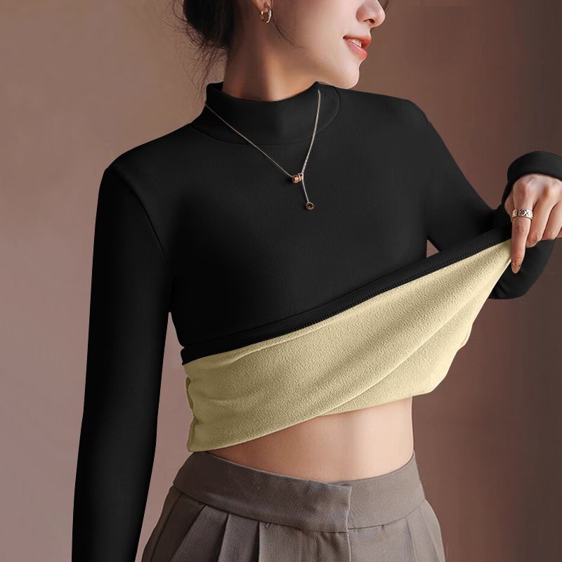 Thickened Velvet Lining Women's Sweater Autumn Winter Thermal Long-sleeved Bottoming Shirt