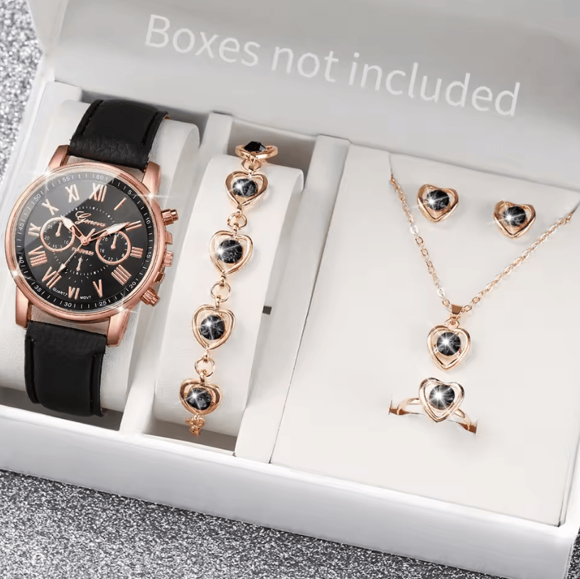 Fashion Womens Quartz Watch Set with Leather Bands and Heart Rhinestone Accent (5/6 PCS)