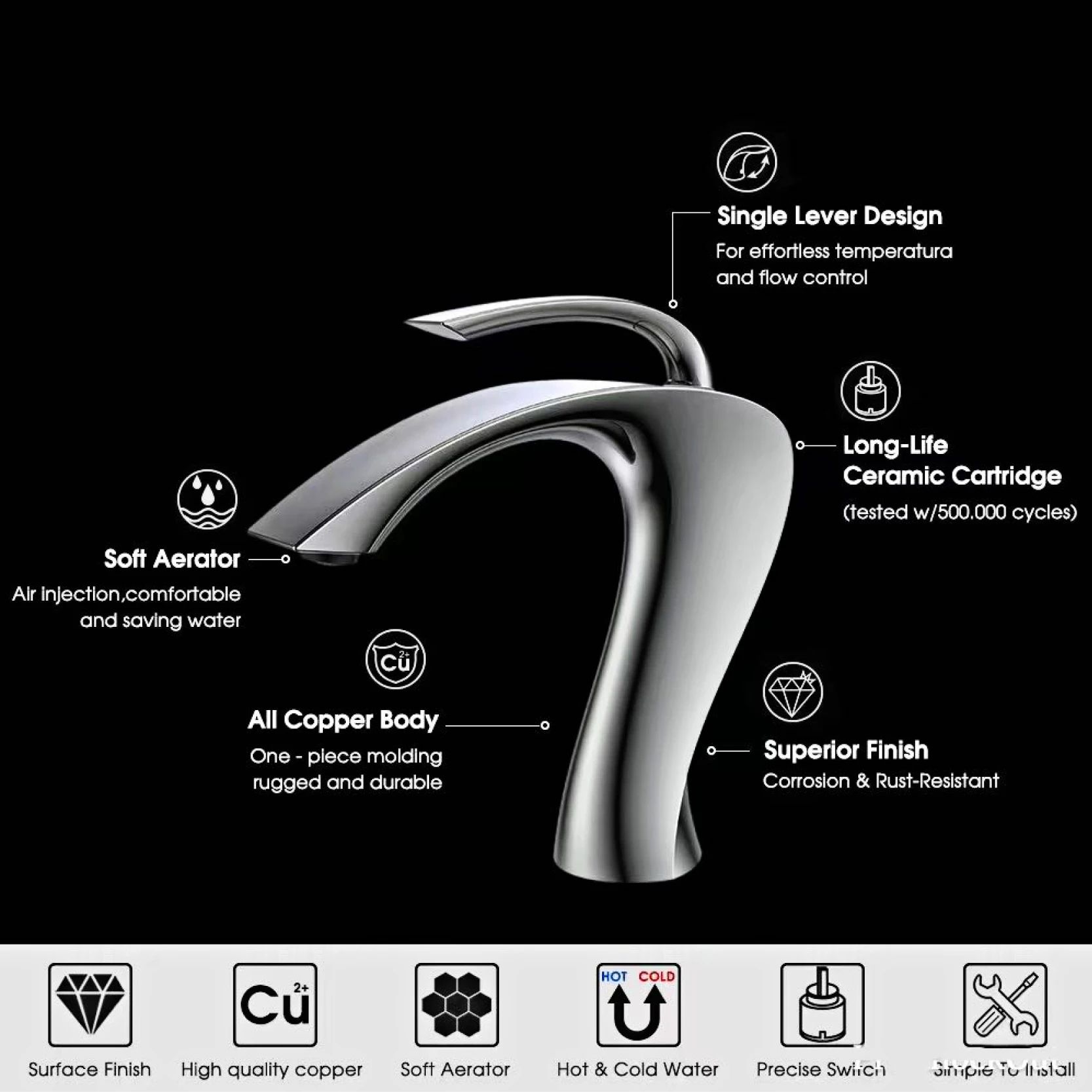 Luxury Gun Grey Bathroom Vanity Faucet