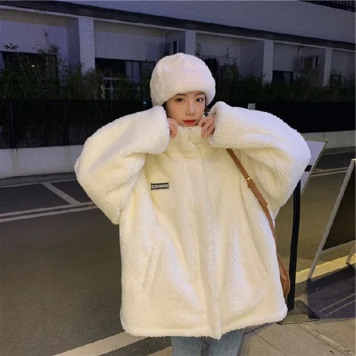 Thickened lamb wool stand collar cotton padded coat women loose fit petite