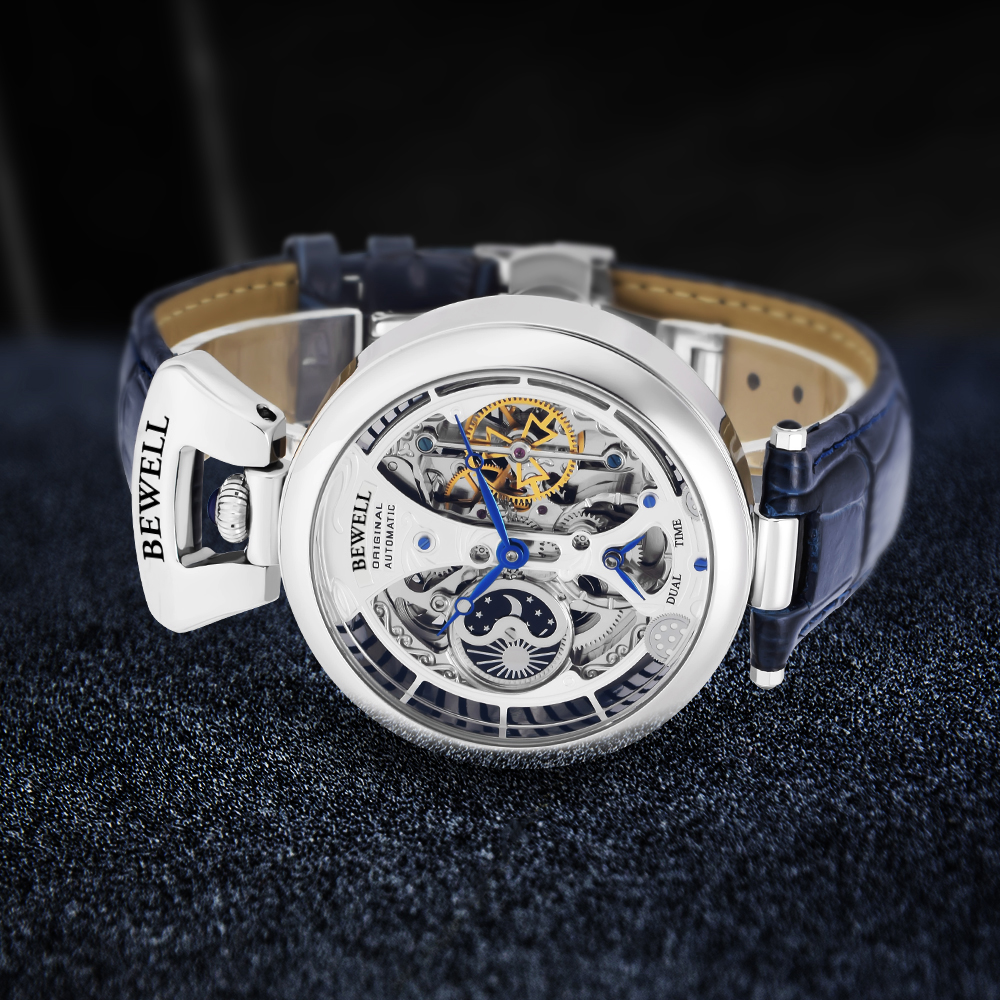 Automatic Mechanical Watch High-End Waterproof with Leather Strap, Stainless Steel Transparent Back Cover