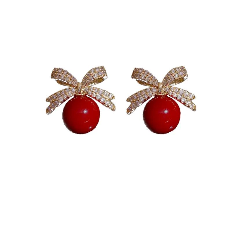 Rhinestone Bow Pearl Stud Earrings Elegant Womens Jewelry