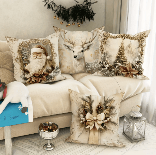 Festive Christmas Pillow Cover with Santa Claus & Reindeer Design