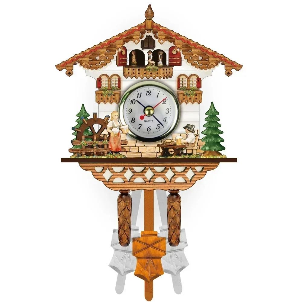 Wooden Cuckoo Wall Clock with Bird Alarm and Silent Quartz Movement