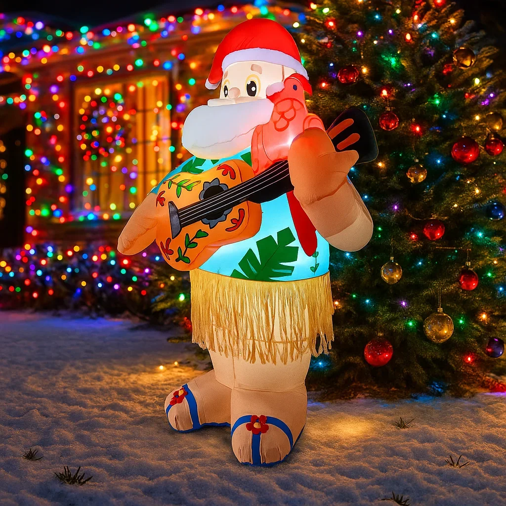 Hawaiian Santa with Guitar Home Yard, Christmas Decorations Inflatable Toy, Ornaments with LED Decor Christmas Party Toy