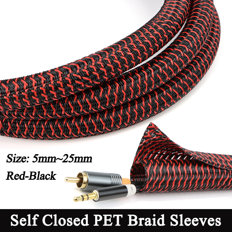 Black-Red Braided Self-Closed Cable Sleeve Insulated Auto Wire Loom Wrap Split Organize