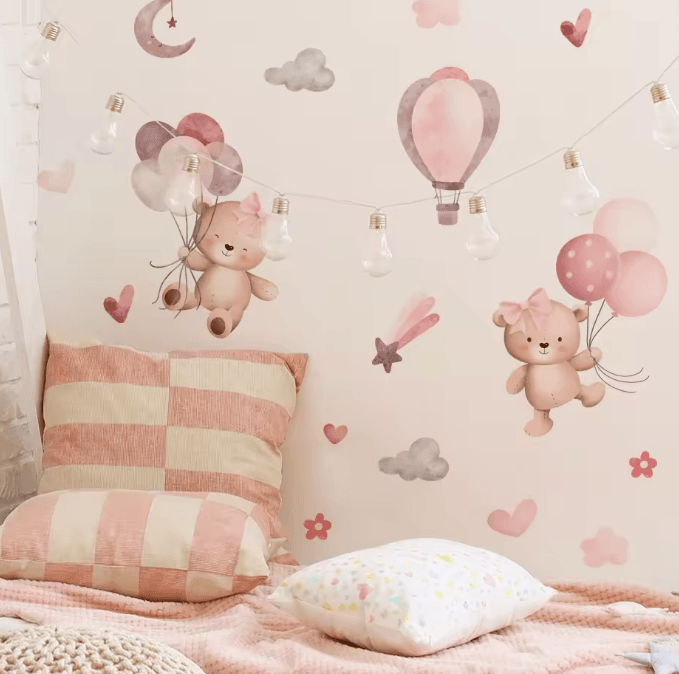 Pink Cartoon Bear Balloon Wall Stickers – Cute Kids Room & Nursery Wall Decals Decor