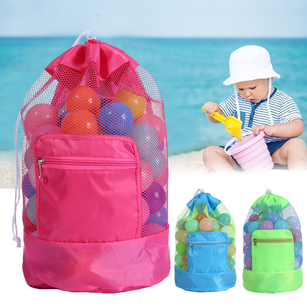 Foldable Mesh Beach Toy Bag Drawstring Backpack with Zipper Pocket
