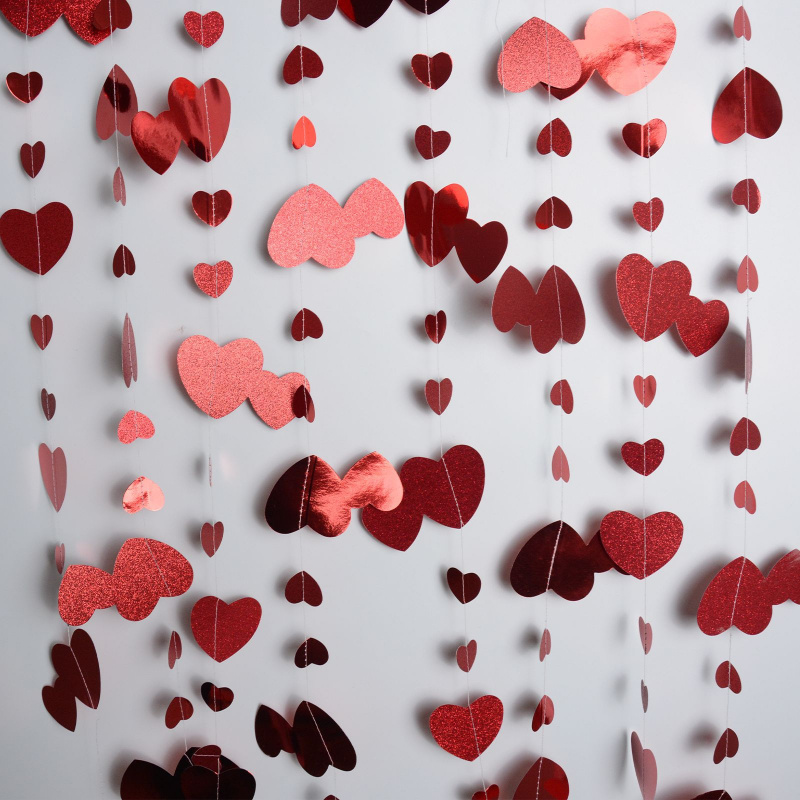 Glitter Paper Banner Wedding Red Heart Garland, Love Streamer for Birthday Parties, Home Hanging Decoration
