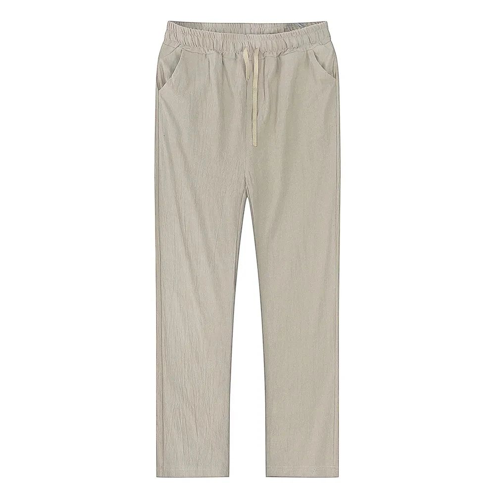 Men's Cotton Linen Breathable Straight-Leg Pants – Casual Elastic Waist Ankle-Length Streetwear Trousers