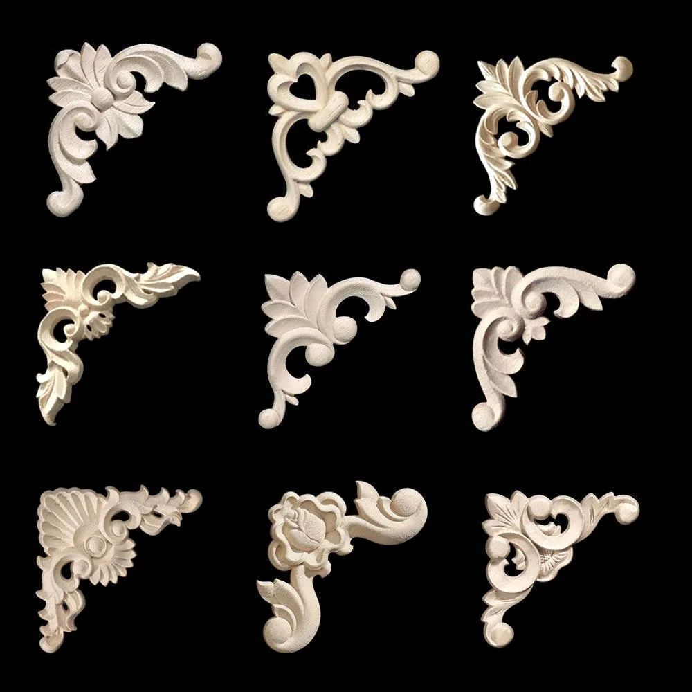 Unpainted Wood Carved Corner Appliques Floral Decorative Onlays for Furniture Upgrade