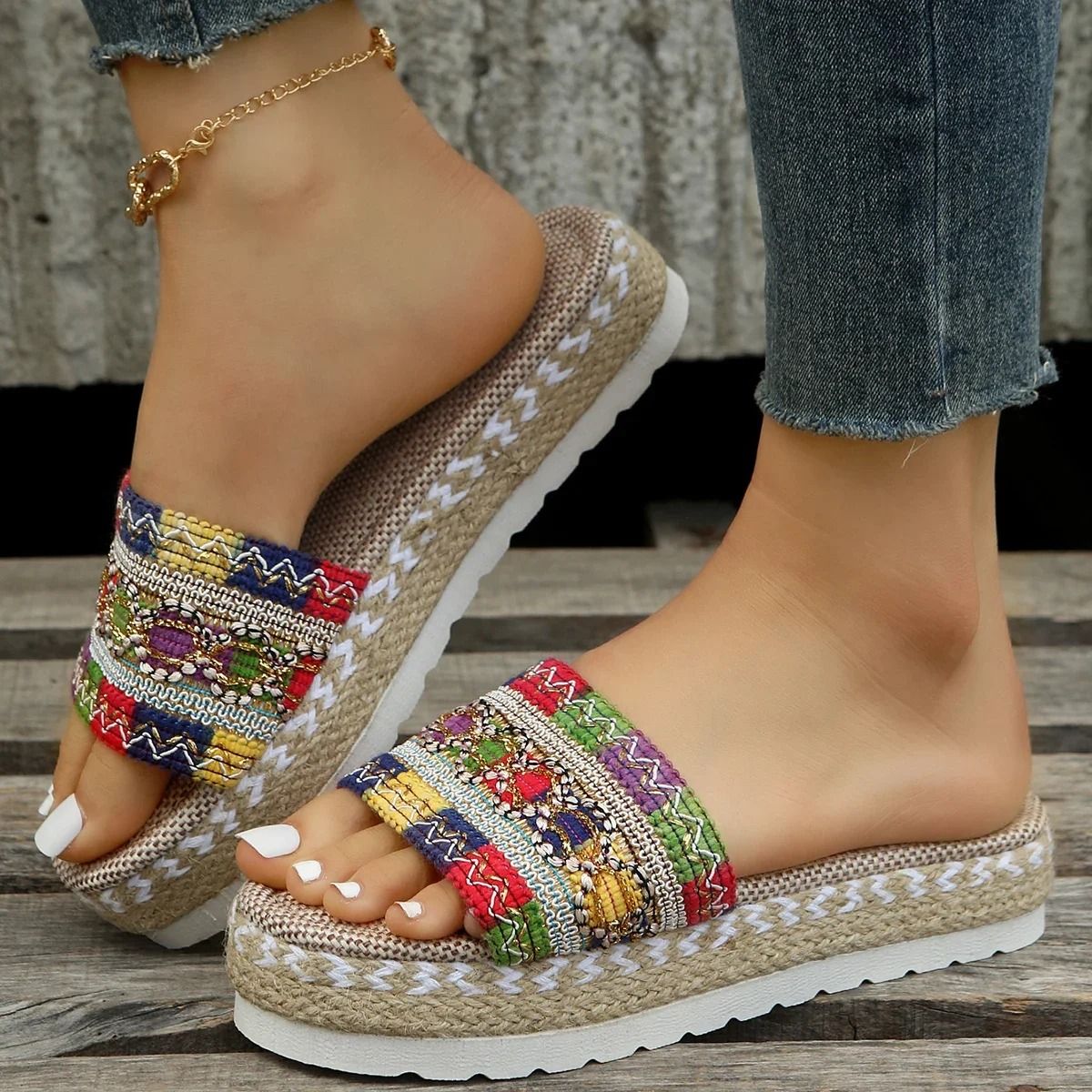 Platform Weave Sandals for Women Summer Slip On Espadrille Slippers