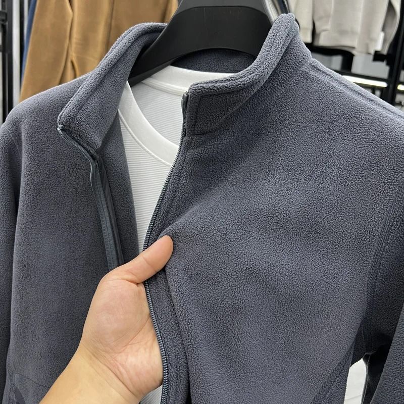 Mens Double Sided Fleece Hoodie Jacket with Stand Collar