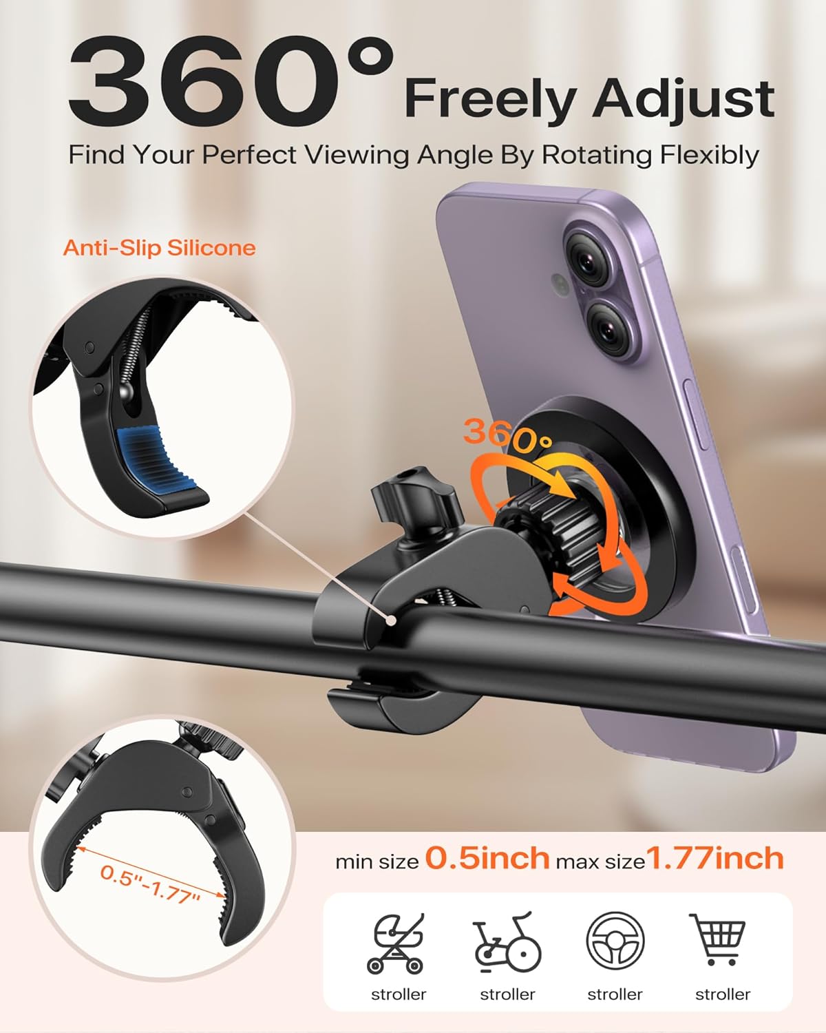MagSafe Bike Phone Mount with Clamp Handlebar Holder for Stroller Peloton and Treadmill