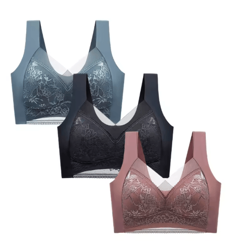FallSweet 3-Piece Wireless Lace Push Up Deep V Bralette Set (L–5XL)