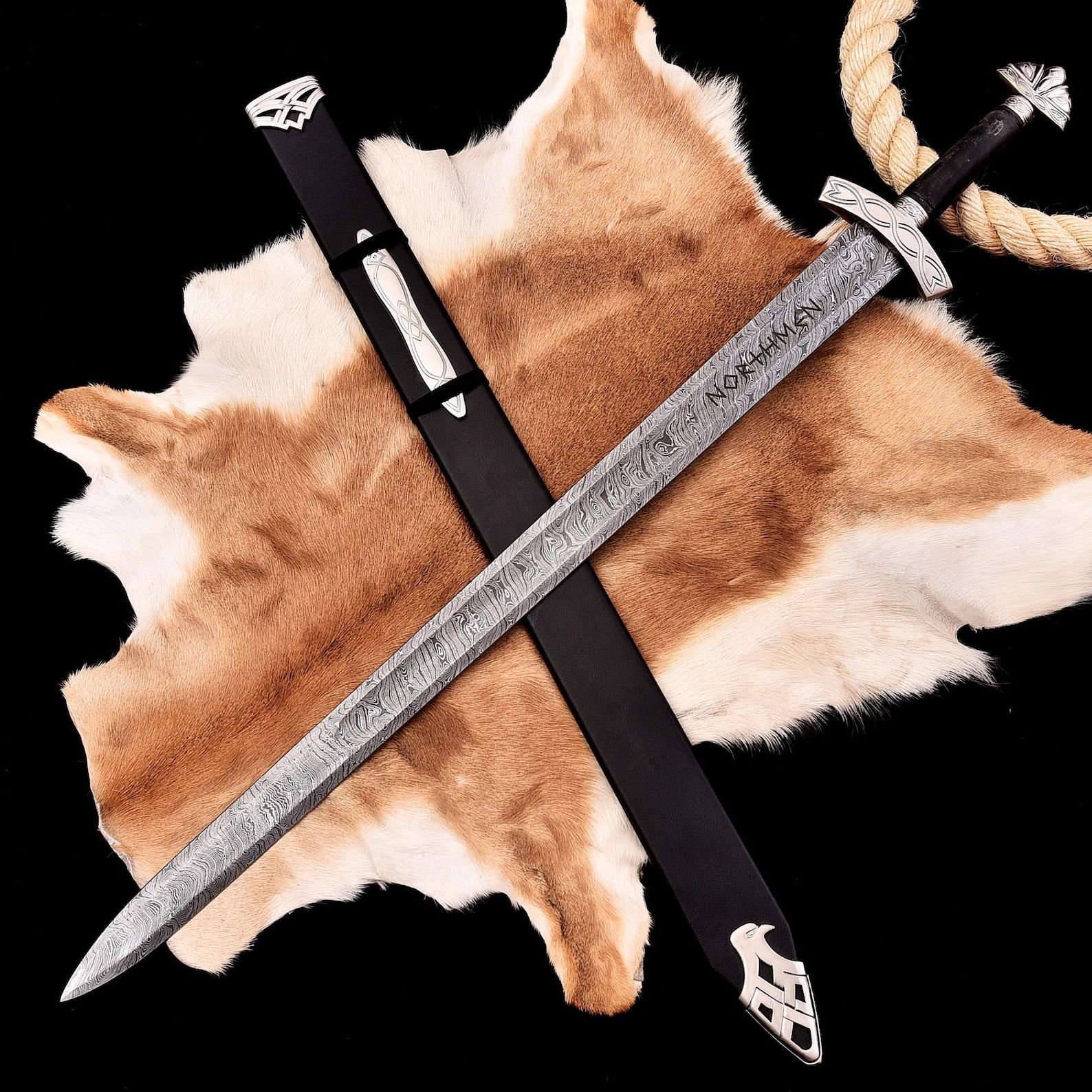 38 Inch Rune-Engraved Norse Longsword | Hand-Forged Damascus Collector Blade | Medieval Collector Longsword