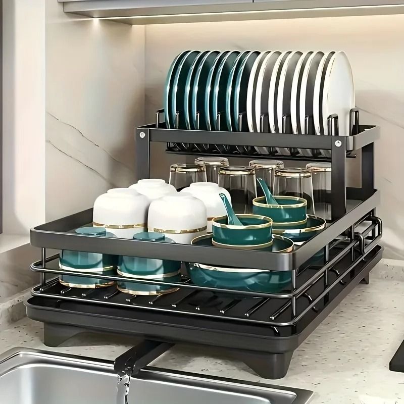 Double-Tier Extendable Dish Drainer – High-Capacity Utensil Rack & Kitchen Draining System