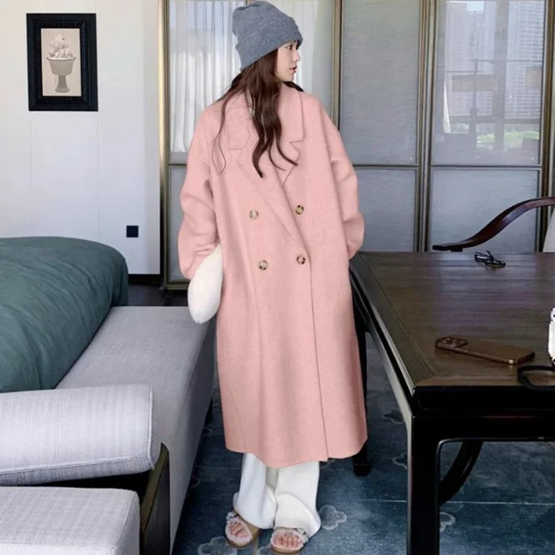 Autumn Winter Women Woolen Coat, Elegant Purple Apricot Mid-Long Jacket, Sweet Lady Chic Style Thermal Outerwear
