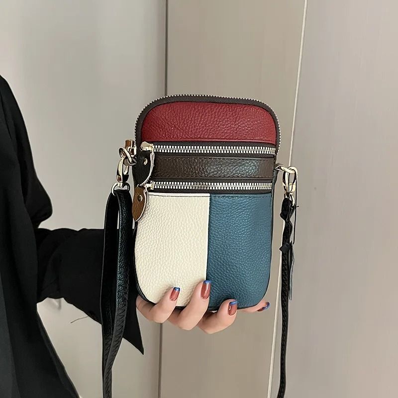 Soft Leather Womens Mini Shoulder Bag Multi Zipper Phone Crossbody Purse
