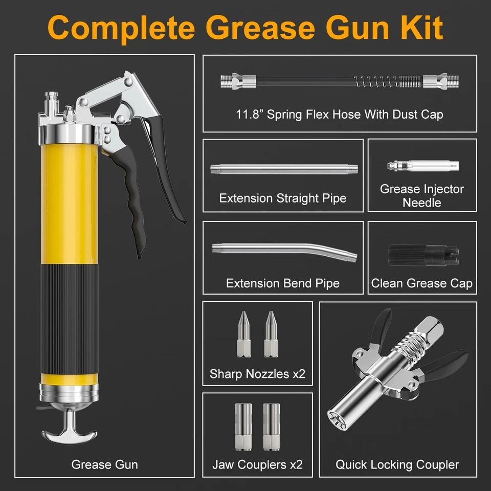High Pressure Grease Gun Kit, Capacity, Pistol Grip, Flexible Hose, Jaw Couplers