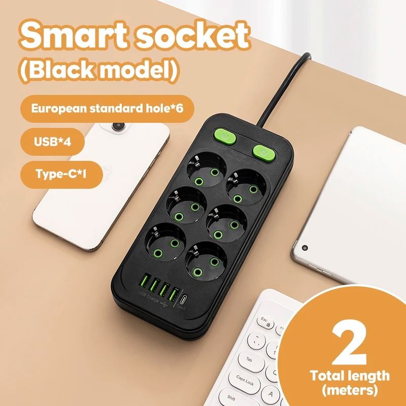 EU Power Strip with USB Type C Fast Charging and 2 m Extension Cord