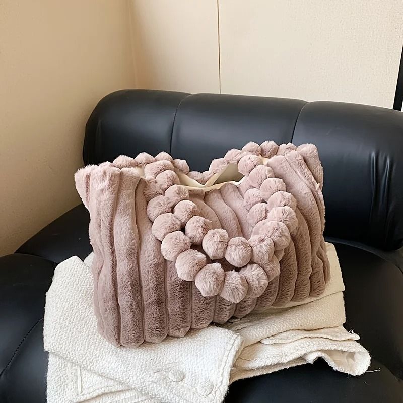 Luxurious Plush Tote Bag Striped Faux Fur Shoulder Handbag