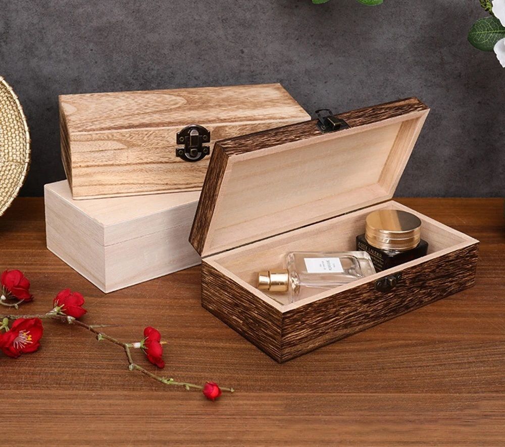 Rectangular Wooden Gift Box Storage Organizer With Hinged Lid And Latch