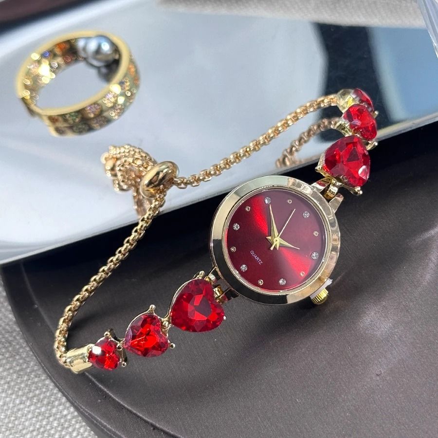 Triple Heart Diamond-Encrusted Bracelet Watch – Elegant Light Luxury Quartz Timepiece with Round Alloy Case