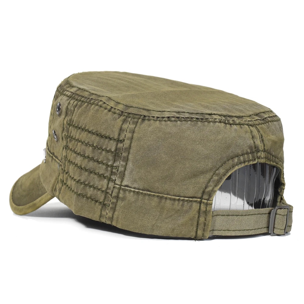 Men's Vintage Flat Top Military Cap - Unique Design Washed Cotton Cadet Army Hat