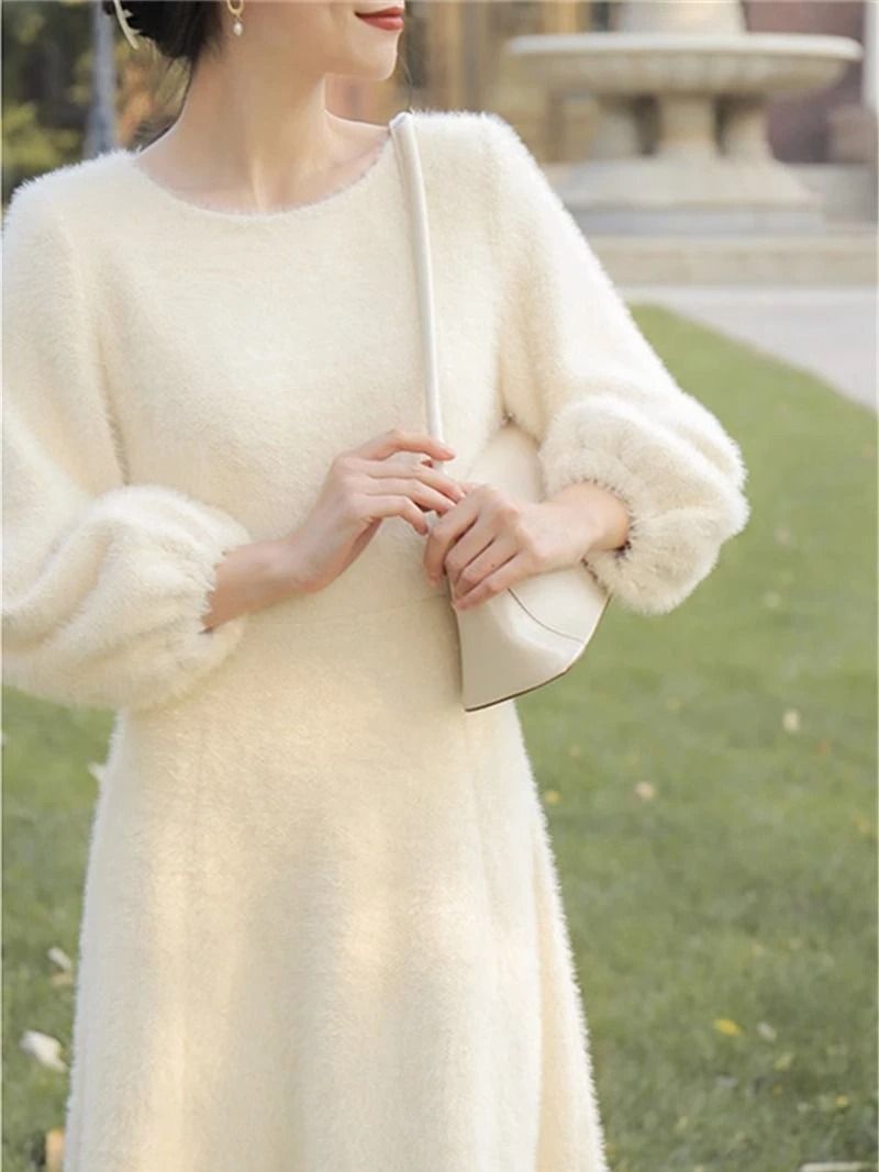 Womens Plush White Sweater Dress Long Sleeve Elegant Winter Knit Dress