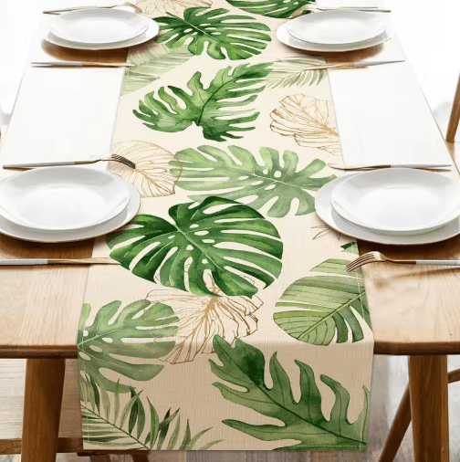 Tropical Palm Leaf Linen Table Runner Fresh Summer Greenery Dining & Party Decor
