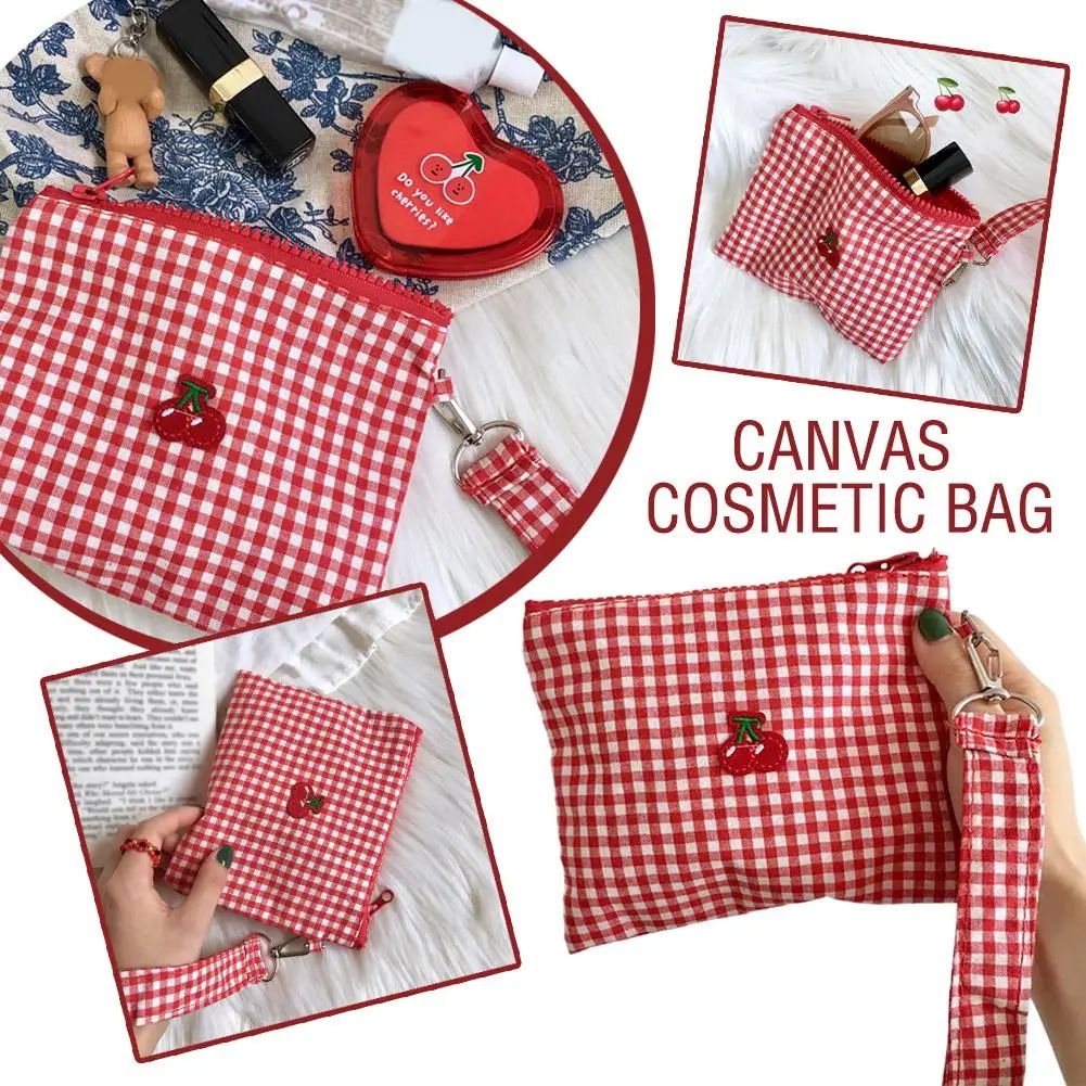 Embroidered Cherry Canvas Cosmetic Bag