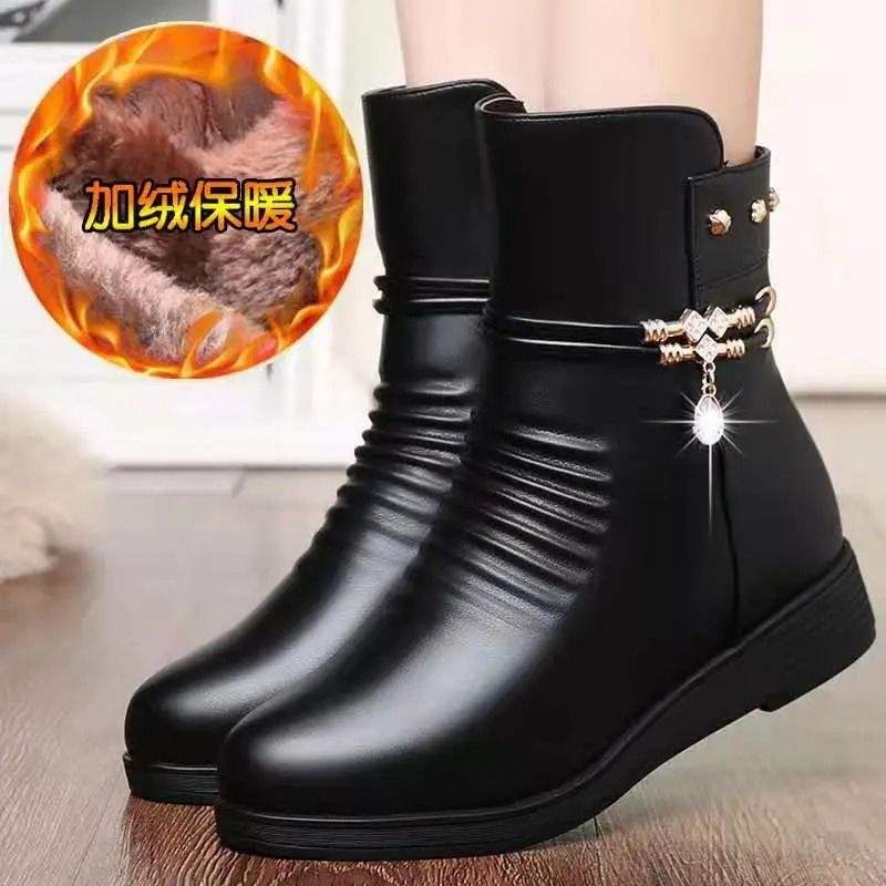 Leather Women Boots 2024 Winter Thick Wool Lined Genuine Leather Snow Boots