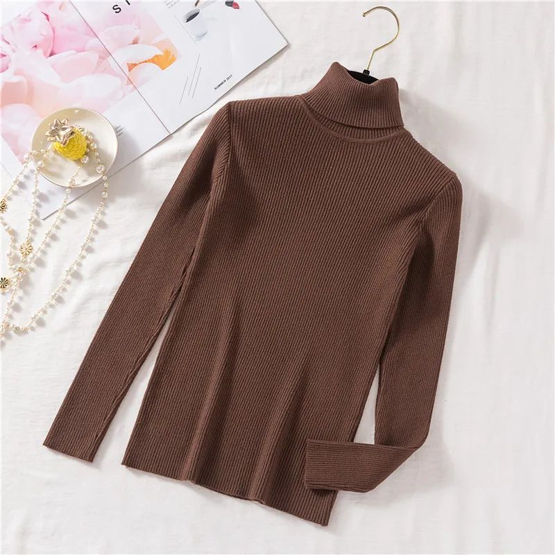 Autumn Winter Women's Ribbed Turtleneck Knit Sweater – Slim Fit Soft Warm Pullover