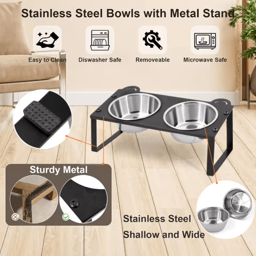 15° Tilted Elevated Cat Feeder with Double Stainless Steel Cat Bowls & Cute Metal Stand