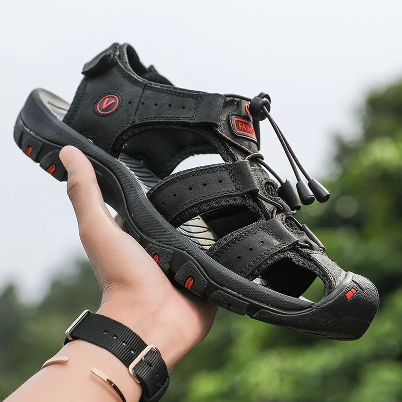 Summer Men Leather Sandals, Breathable Outdoor Casual Beach Shoes, Fashion Roman Style Slippers for Men