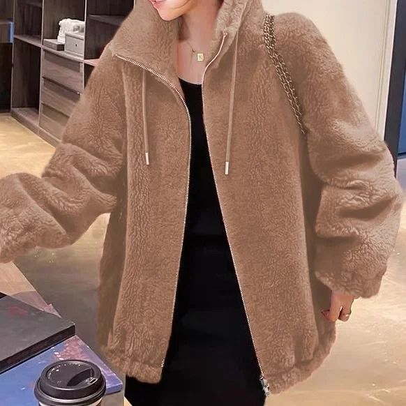 Women thickened fleece zip up stand collar hoodie jacket casual winter outerwear