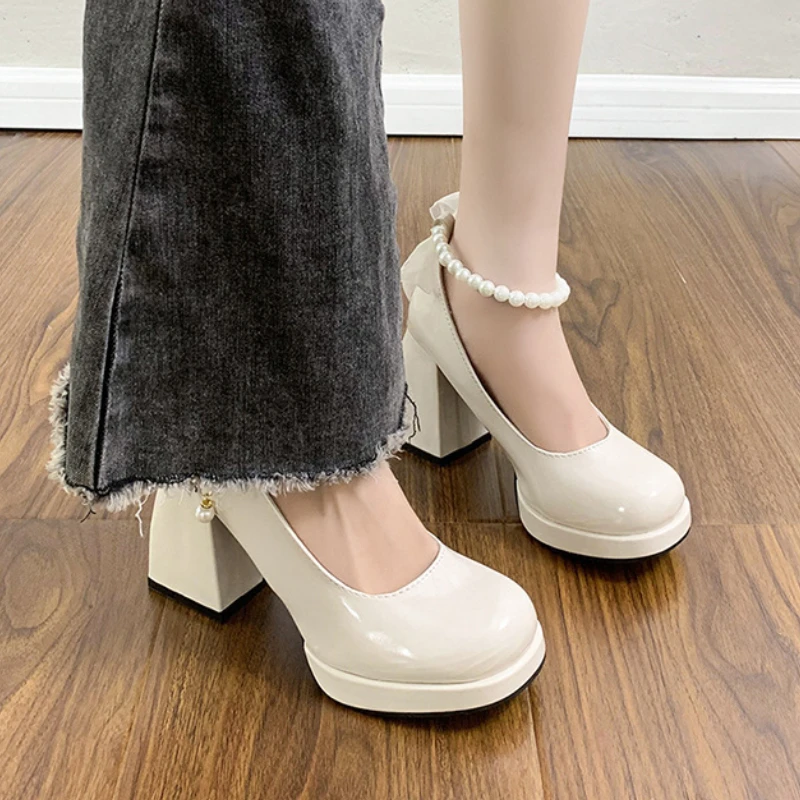 Elegant Bow Square Toe Women Mary Jane Shoes, Luxury Women High Heels Pearl Lace Party Wedding Style