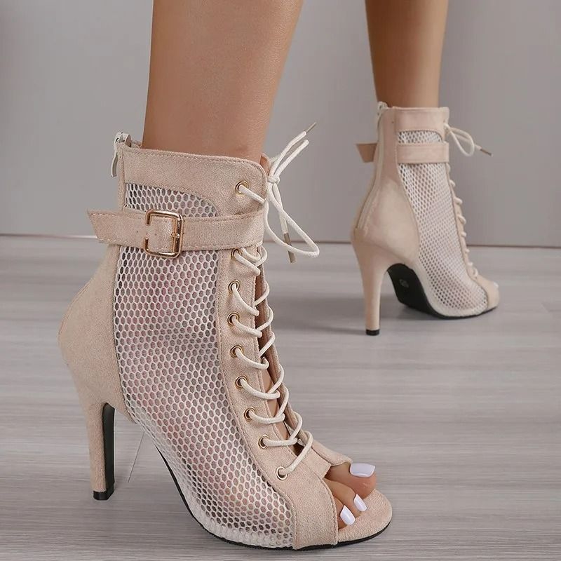 Fashion Show Mesh Lace-Up Sandals – Sexy Net Fabric Cross-Strap High Heels