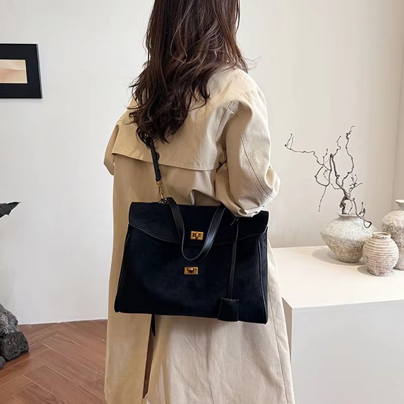 Luxury Suede Leather Messenger Bag with Gold Buckle, Soft Genuine Leather Shoulder Tote
