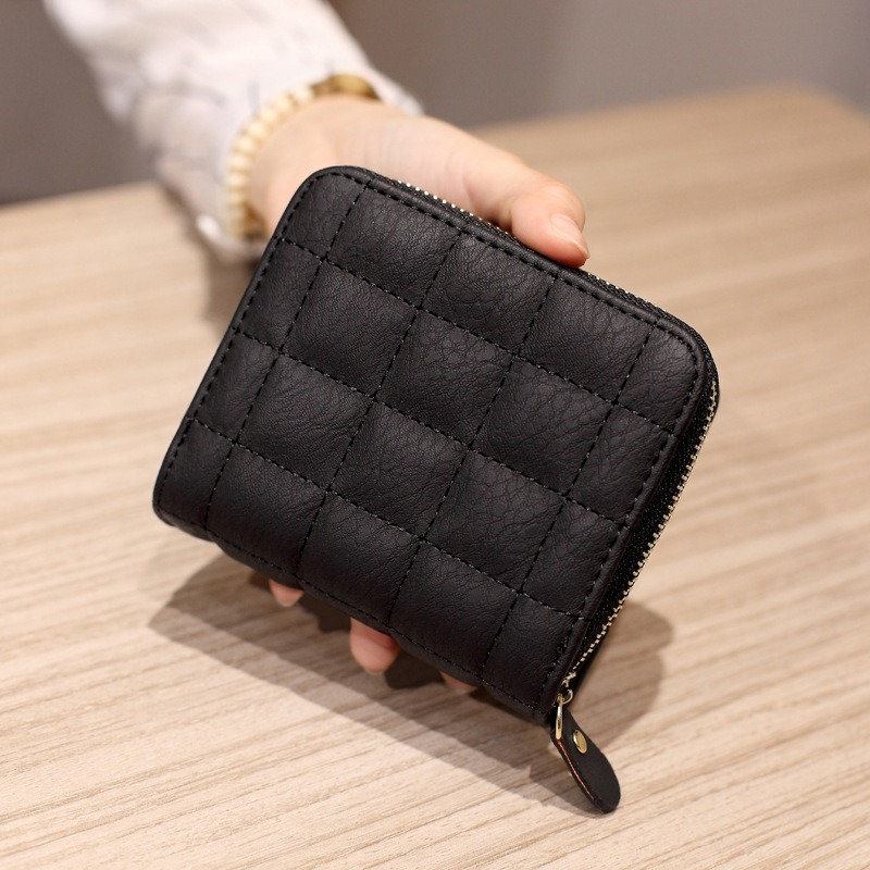 Womens Short PU Leather Wallet Plaid Nubuck Zipper Card Holder with Coin Purse for Ladies