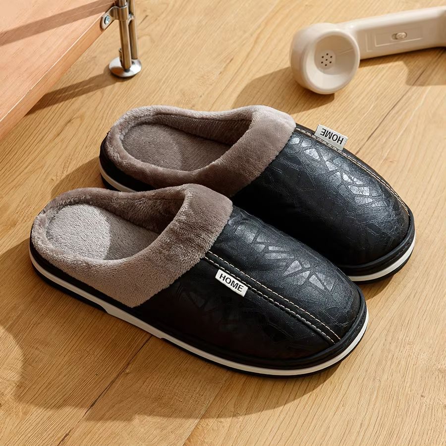 Men Winter Slippers Waterproof PU Leather Fur Lined Indoor Shoes