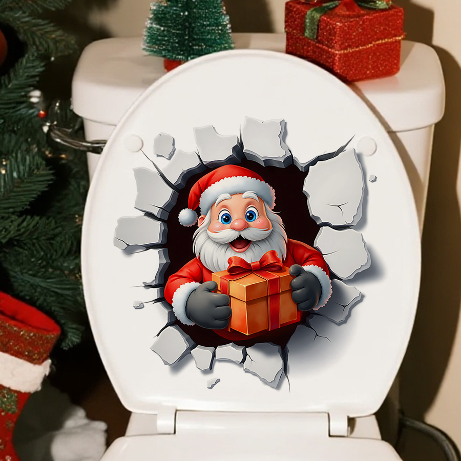 Toilet Stickers Self Adhesive, Festive Santa Cracked Wall Christmas, Bathroom Decoration Toilet Decal, PVC For Bedroom