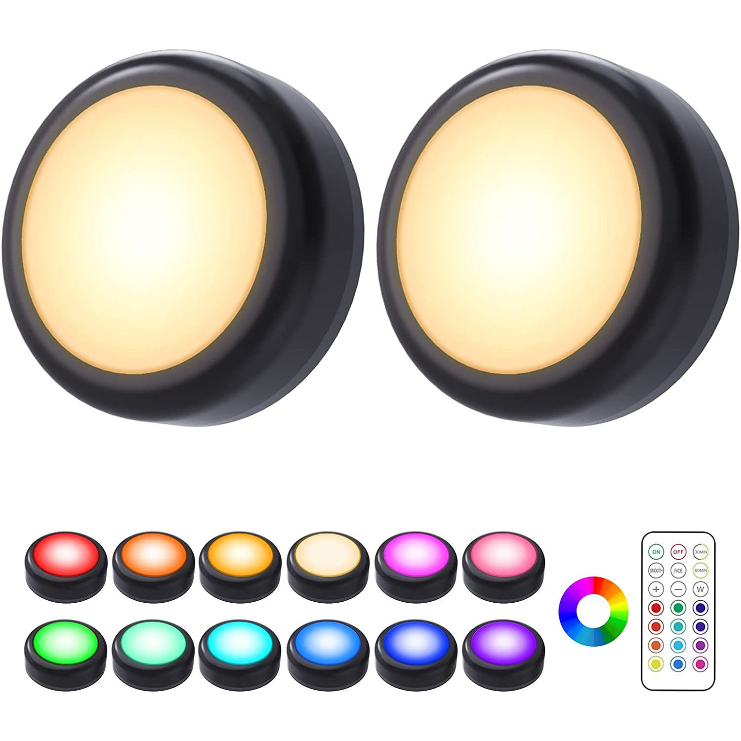 Wireless RGBW LED Puck Lights with Remote Dimmable Under Cabinet & Closet Night Lamp