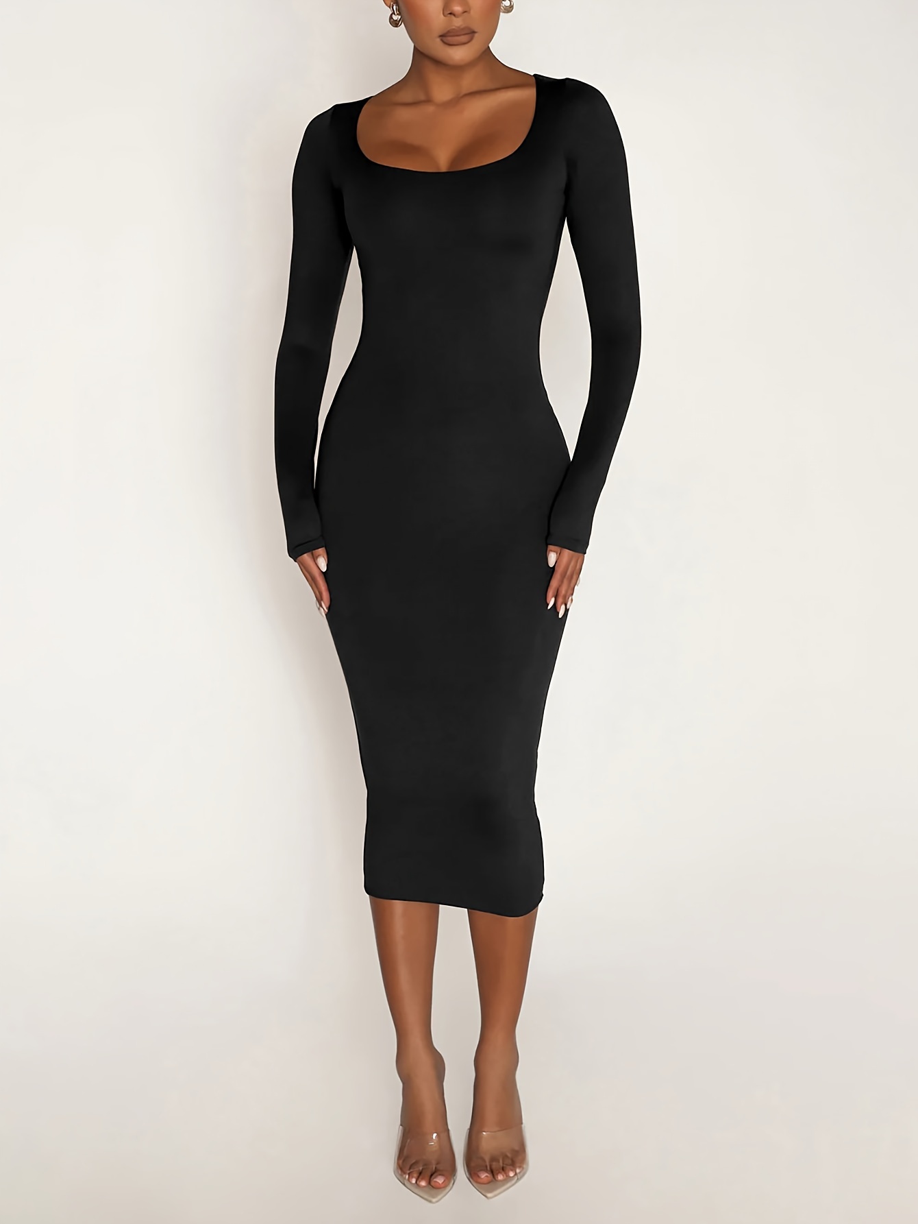 Stretch Winter Dresses Women's Long Sleeve U-Neck Bodycon Midi Jumper Dress