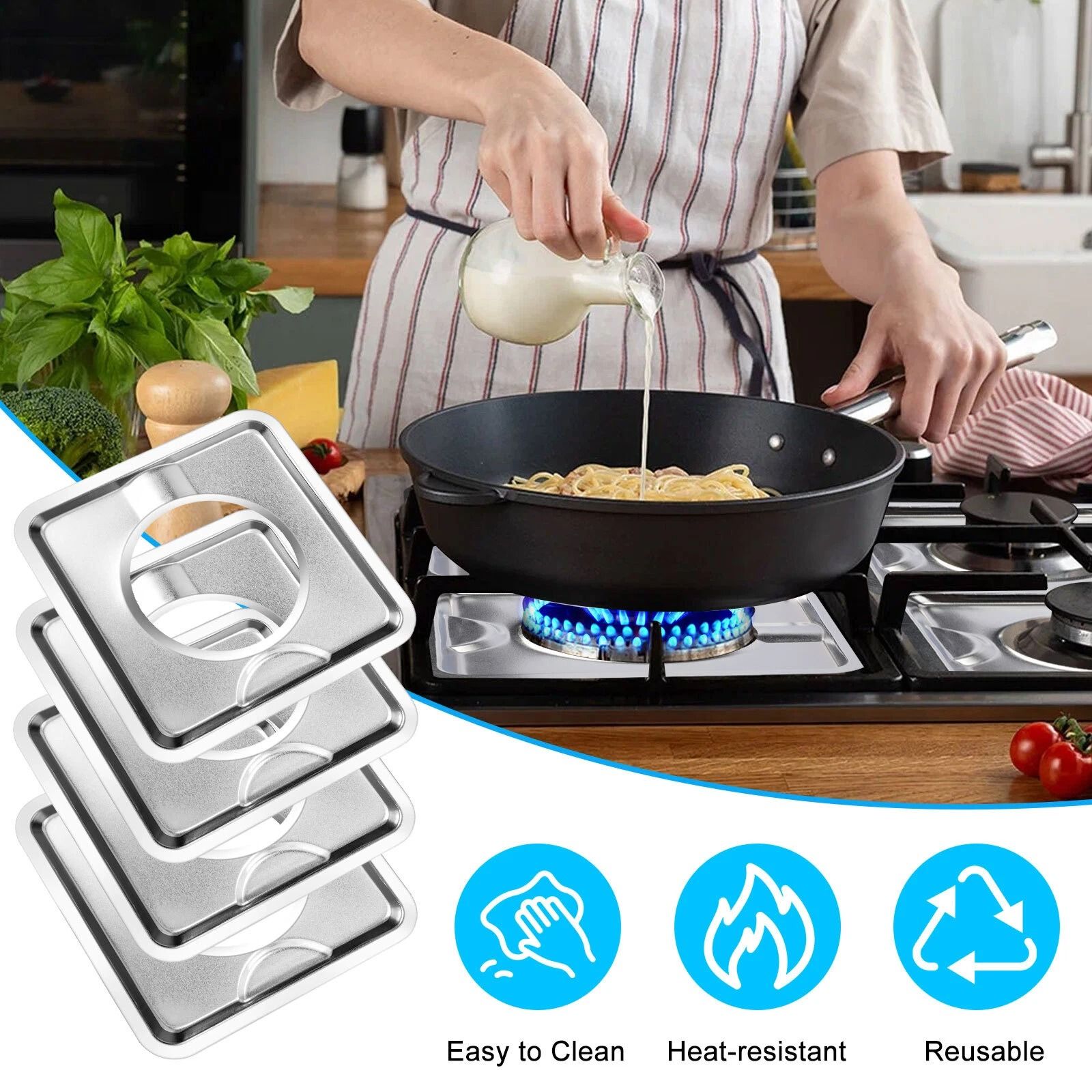 Stainless Steel Gas Range Stove Drip Pans - Square Burner Covers, Reusable