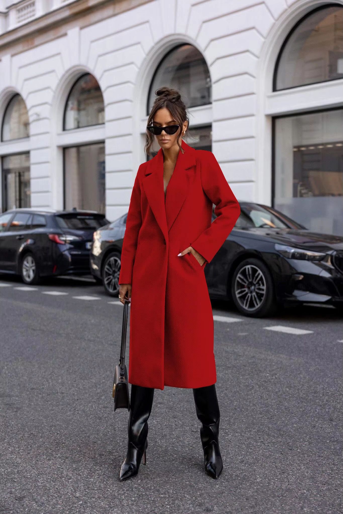 Elegant Women's Trench Coat – Mid-Long Winter Pea Coat with Notched Lapel and Pockets