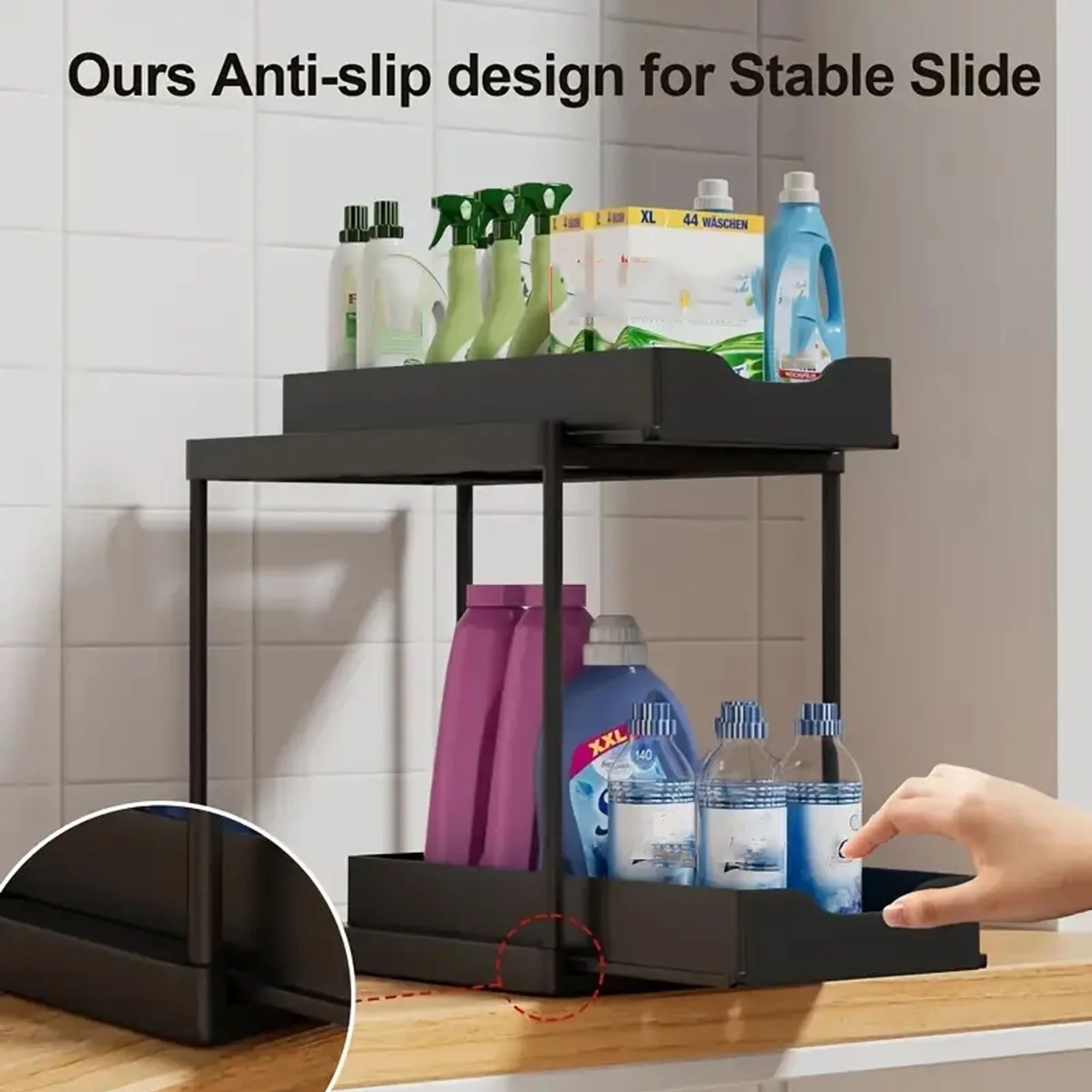 Double Layer Pull Out Under Sink Storage Rack with Hooks