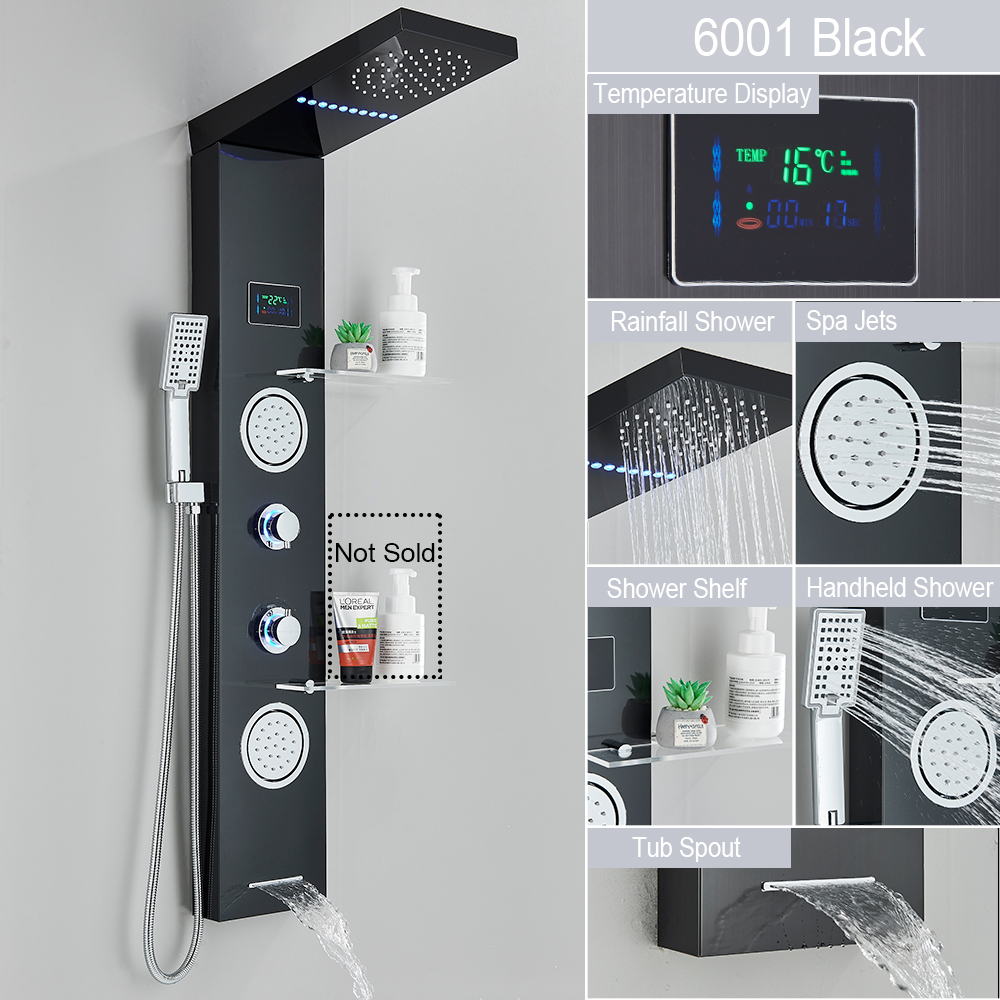 LED Light Shower Panel, Waterfall Rain Digital Display Shower Faucet Set, SPA Massage Jet Bathroom Column Mixer Tap