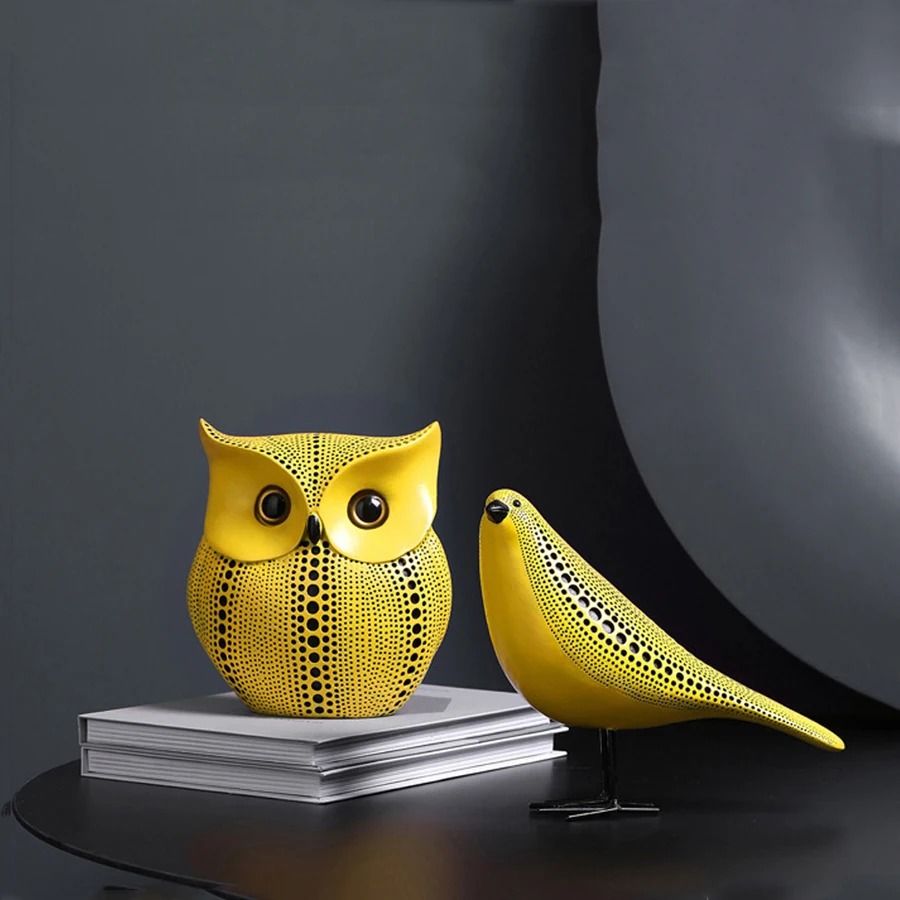 Modern Yellow Wave Point Art Statues | Whimsical Animal & Pumpkin Desktop Sculptures